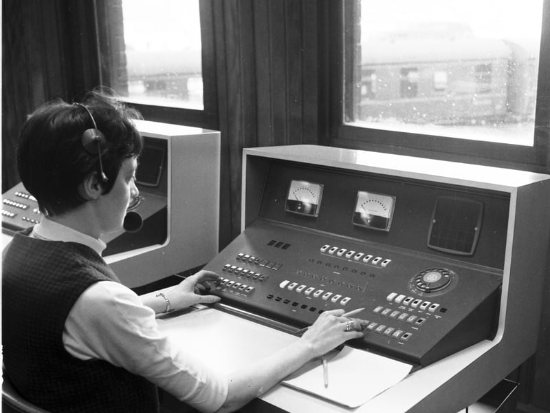 A woman working a switchboard at British Railways' new premises in Glasgow, in October 1967
