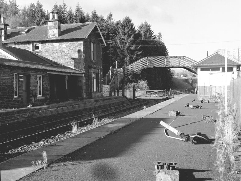 Broken fitments lie scattered at Fountainhall station, one of the disused stations on the Borders railway line, in November 1970