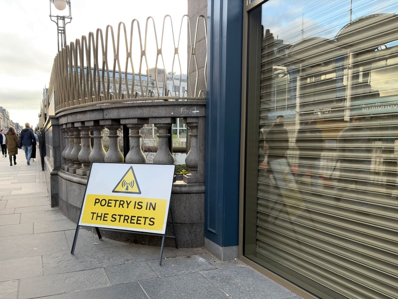 As part of the city wide treasure hunt, there are signs such as this warning “poetry is in the streets” which will likely only remain for the first few days of Nuart 2026. 
