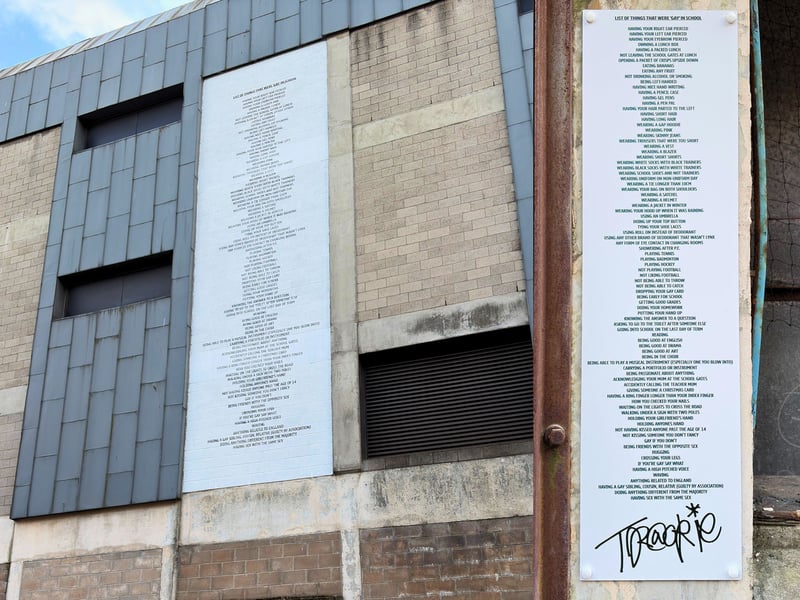 Located on an area of the Trinity Centre owned by Primark, Scottish artist Trackie McLeod’s large artwork is a “List of Things That Were ‘Gay’ in School”, which deserves to be read in full. As well as the full scale piece, there is then a smaller version below.