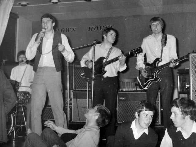 Wellington, c.1970: The pop group Dollymixcha pictured at the Town House. The image comes from the memorabilia of Mrs Dawn Rice (née Dawn Cullis), originally from Dawley, who was a drummer in several Shropshire groups during the 1960s and early 1970s, including The Greasers, The Pacifics, Bird ‘n’ Bees, Fluff, Dollymixcha and later Duplicate. Her husband, Derek Rice, whom she married in 1971, was a singer and guitarist with Walsall band The Saddlers.