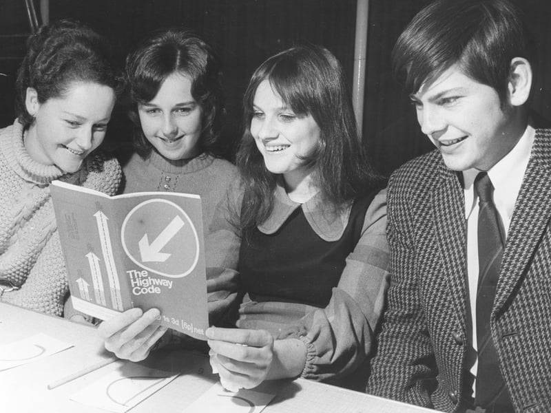 Wellington, November 1971: Members of Wellington Methodist Youth Club take a last-minute look at the Highway Code before competing in a youth organisations road safety quiz. Pictured from left are Jane Phillips, Janet Austin, Linda Bush and John Phillips.