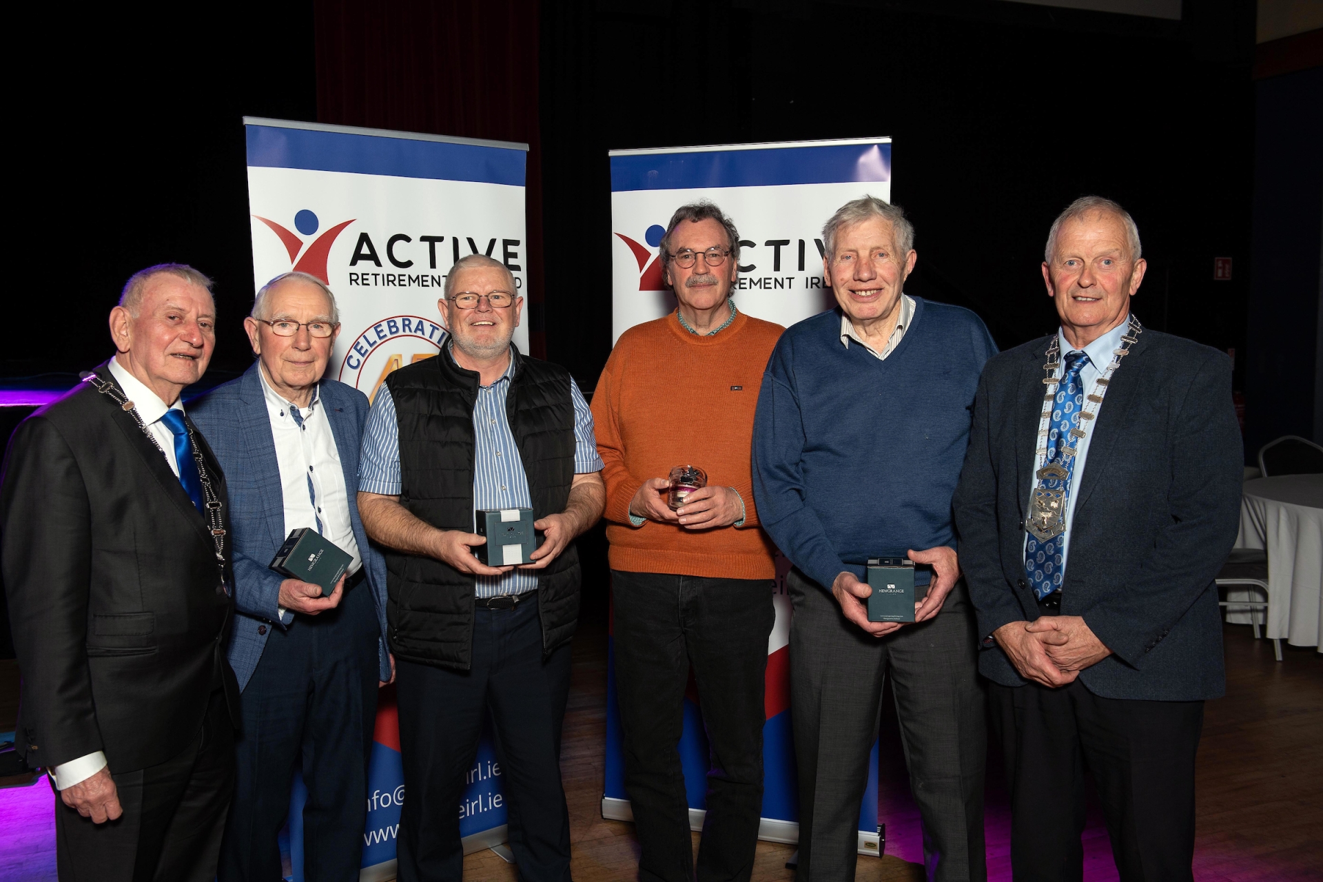 The Active Retirement Ireland National Indoor Mats Bowling Competition (small bowls) plate runners-up, Bennekerry Green bowls team from Co Carlow. From left: Active Retirement Ireland National President Kevin Monaghan, Bennekerry Green team members George Nolan, Martin Byrne, John Dalton and Michael Doyle (skip), with Mayor of Killarney Cllr Brendan Cronin. Photo credit: Don MacMonagle