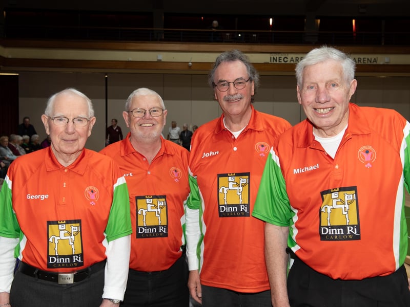 From left: Bennekerry bowls team members George Nolan, Martin Byrne, John Dalton and Michael Doyle, pictured competing in the finals of the Active Retirement Ireland National Bowls Competition finals in the INEC, Killarney on Thursday.  Photo credit: Don MacMonagle