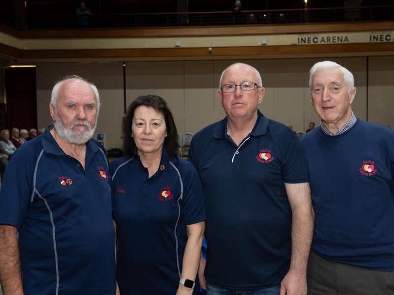 From left: Tullow Rollers bowls team members John Farrell, Kathleen Flanagan, Seamie Doyle and Liam Lyons, pictured competing in the finals of the Active Retirement Ireland National Bowls Competition finals in the INEC, Killarney on Thursday. Photo credit: Don MacMonagle