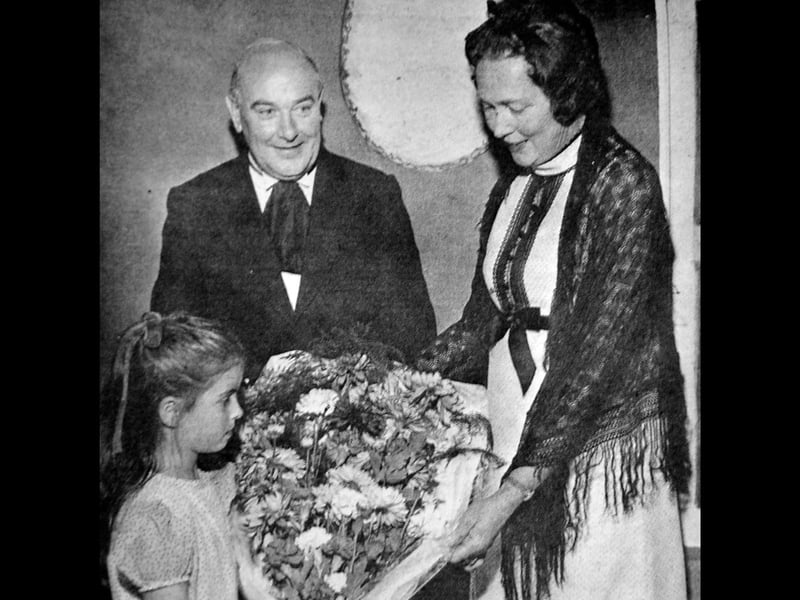 The opening of Wellington Theatre Club at the Prince’s Street Art Centre, later known as the Belfrey Theatre. During the event, Frances Williams presents a bouquet to Councillor Mrs Margaret Shaw, with her father Roy, chairman of the club, looking on. The venue, converted from the former Prince’s Street School, marked the company’s first permanent home. The image appeared in the Shropshire Star on October 8, 1971.