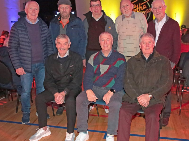Caption: Drumlish Men's Shed members Terry Cooney, Sean Corrigan, Tommy McAvey, John Cassin, Brendan Daly, Michéal Joyce, Michael Cooney and Brian Duffy enjoying the Top of the Pops extravaganza