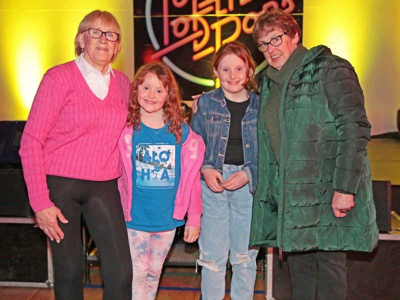 Caption: Drumlish Community Association fundraising committee hosted a Top of the Pops extravaganza at Drumlish Community Centre on Thursday, Friday and Saturday, November 16, 17 & 18 and pictured are Bernadette O'Neill, Shóna, Saich and Bredine Donohoe