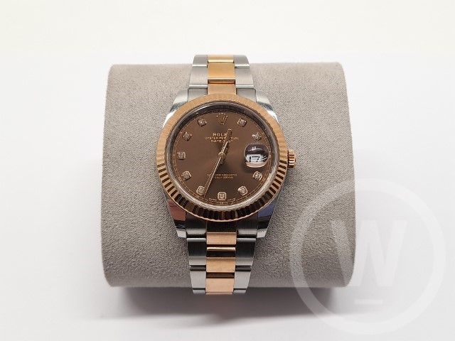 Rolex, Model: Datejust 41, Model Number: 126331-0003, Movement: Automatic, Dial: Chocolate Set with Diamonds, Case Diameter: 41mm, Case: Stainless Steel and Everose Gold, Bezel: Everose Gold Fluted, Bracelet: Stainless Steel and Everose Gold Rolex Oyster with Folding Oysterclasp, Box: Yes