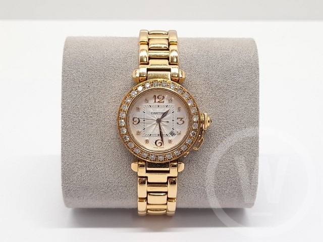 Cartier, Model: Cartier de Pasha, Model Number: 2397, Movement: Automatic, Dial: Silver Sunburst with Arabic & Diamond Markers, Case Diameter: 32mm, Case: 18 Carat Yellow Gold, Bezel: Diamond Set Bezel, Bracelet: 18 Carat Yellow Gold Original Cartier, Box: No