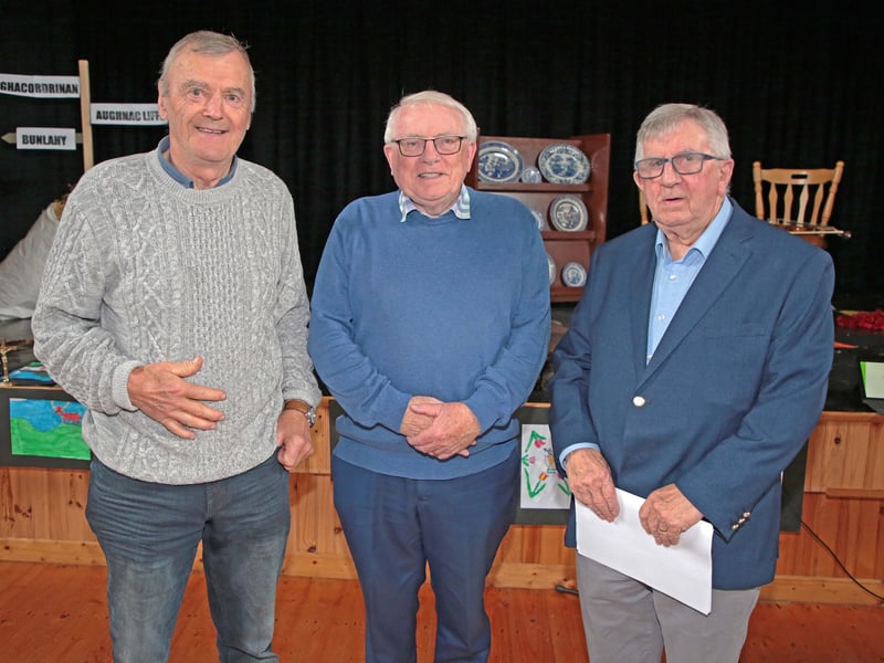 Caption: Gearoid Mulligan, Seamus McRory and Benny Reid at the Padraic Colum Gathering in Colmcille Community Centre