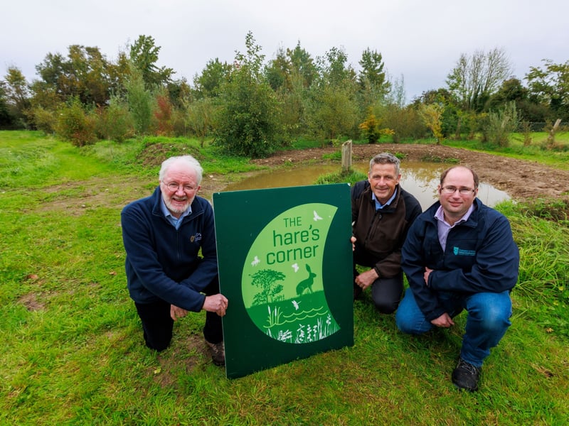 Minister for Heritage, Malcolm Noonan, Brendan Dunford, Burrenbeo Trust, and Shane Casey, Carlow County Council at The Hare's Corner Wildlife Pond in Carlow
