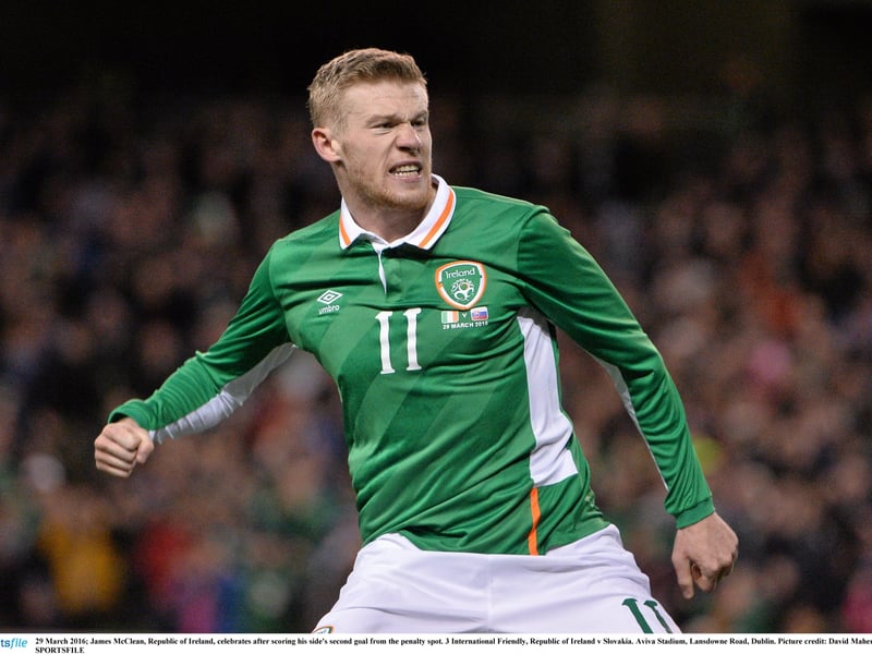29 March 2016; James McClean, Republic of Ireland, celebrates after scoring his side's second goal from the penalty spot against Slovakia.