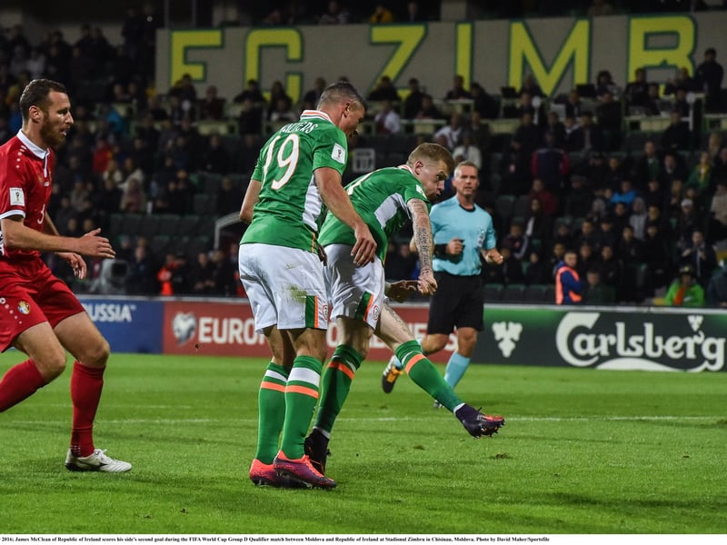 9 October 2016; James McClean of Republic of Ireland scores his side's second goal during the FIFA World Cup Qualifier match against Moldova.
