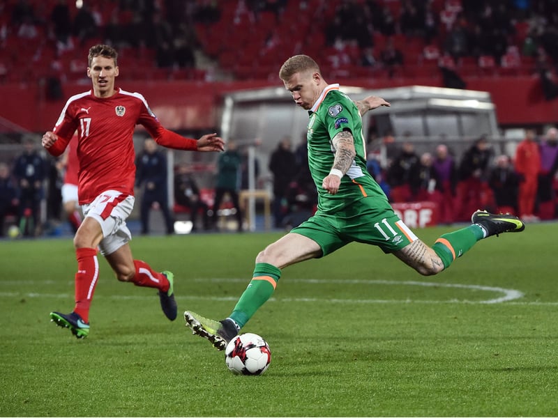 12 November 2016; James McClean of Republic of Ireland shoots to score his side's first goal during the FIFA World Cup Qualifier match against Austria.