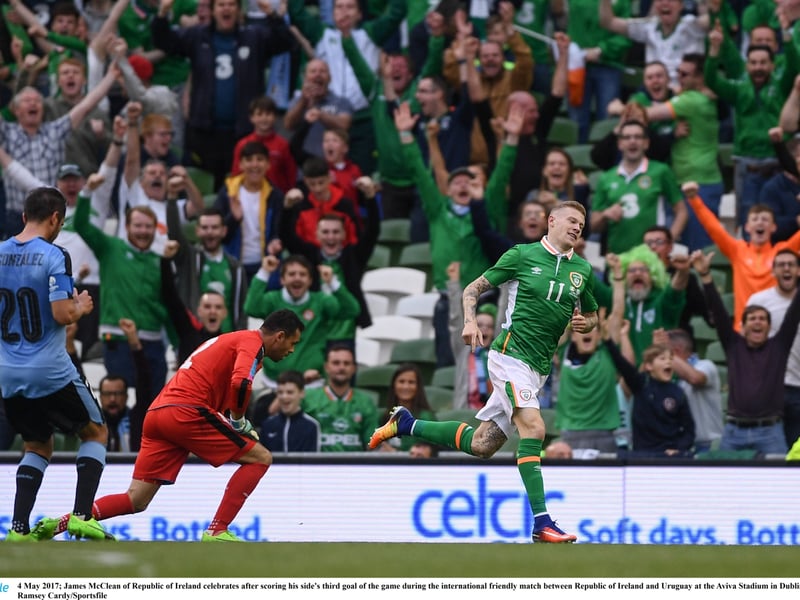 4 May 2017; James McClean of Republic of Ireland celebrates after scoring his side's third goal of the game during an international friendly against Uruguay.