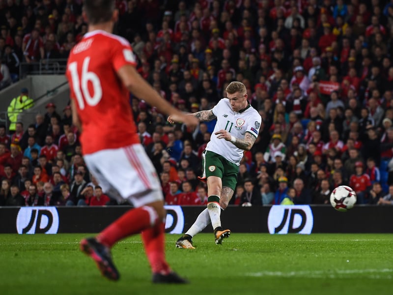 9 October 2017; James McClean of Republic of Ireland shoots to score his side's first goal during the FIFA World Cup Qualifier match against Wales.