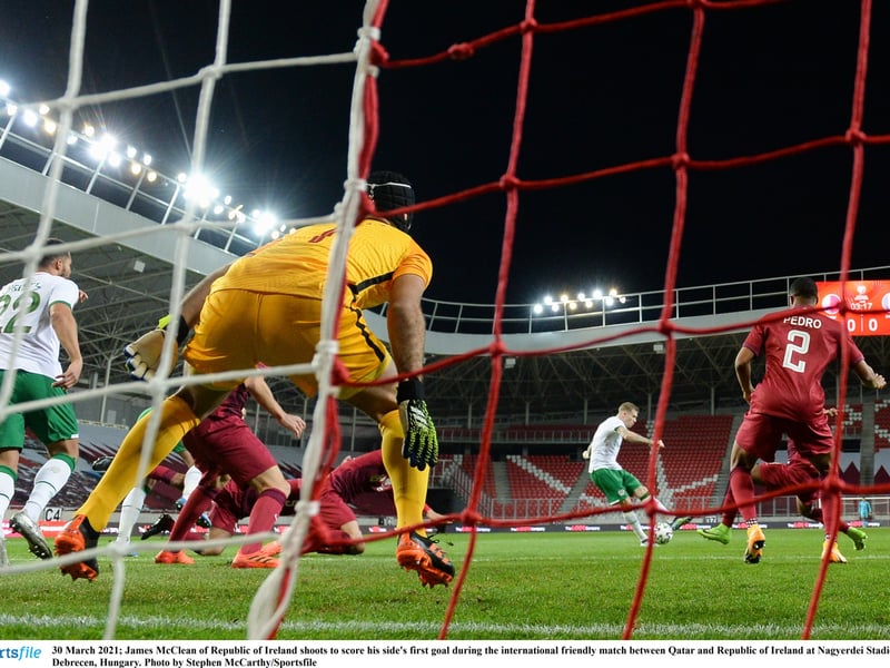 30 March 2021; James McClean of Republic of Ireland shoots to score his side's first goal during an international friendly match against Qatar.