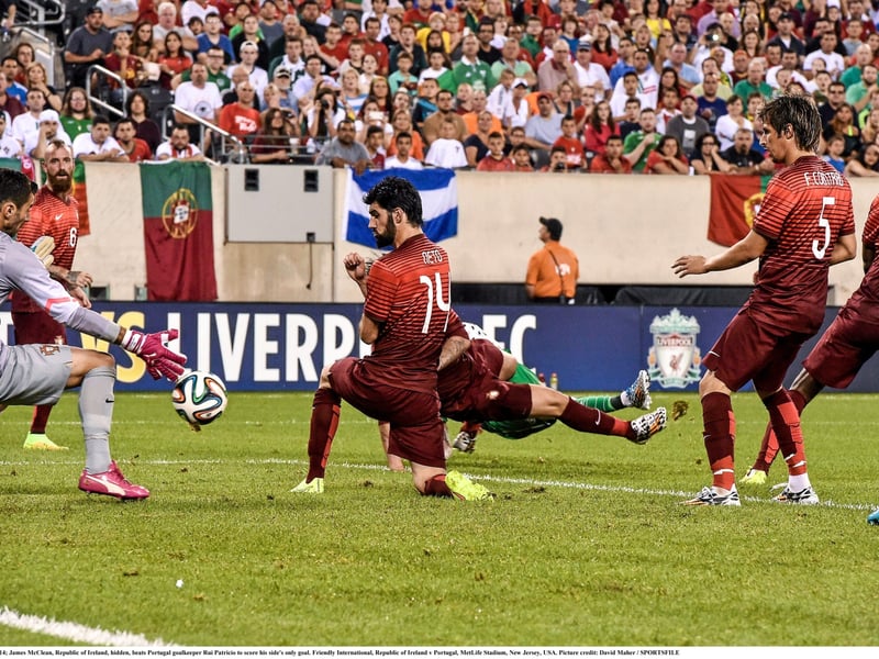 10 June 2014; James McClean, Republic of Ireland, beats Portugal goalkeeper Rui Patricio to score his side's only goal.