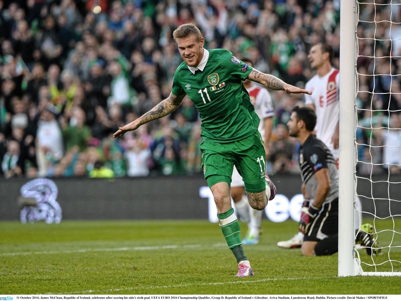11 October 2014; James McClean, Republic of Ireland, celebrates after scoring his side's sixth goal. UEFA EURO 2016 Championship Qualifer.