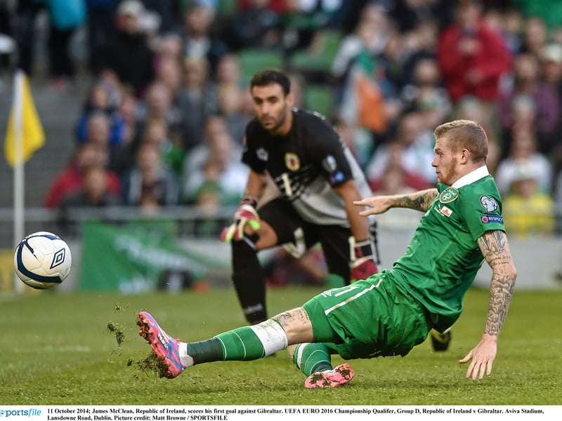 11 October 2014; James McClean, Republic of Ireland, scores his first goal against Gibraltar. UEFA EURO 2016 Championship Qualifer.