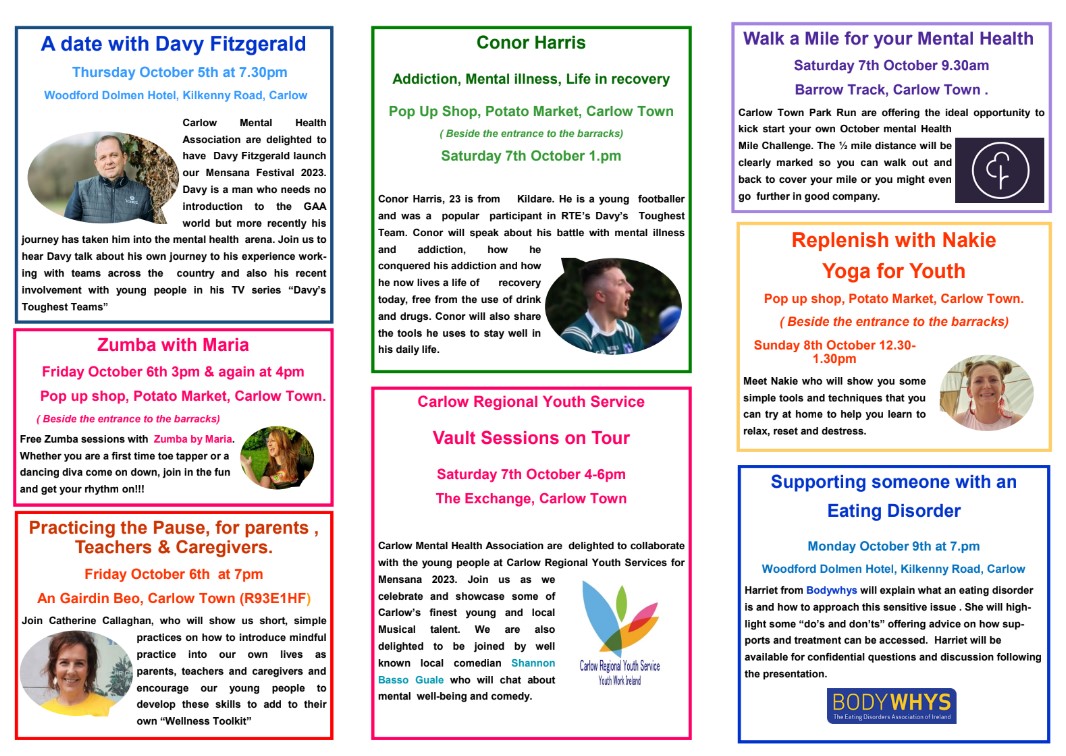 See below for a full list of events as part of Carlow Mental Health Association's Mensana Festival 2023.