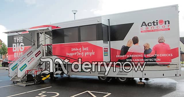 The Action Cancer Big Bus pictured at Skeoge Community Hub for breast screening checks.