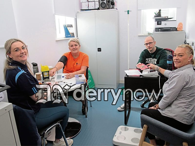 Caroline Ming and Cathy Green getting their MOT Health Check by Orlagh Robson and Nathan Doherty at Skeoge Community Hub.(Photos - Deirdre Heaney, nwpresspics)