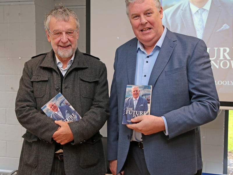 Caption: Michael Harding with Ciaran Mullooly at the launch of Ciaran's book 'The Future is Now - Life after RTE and stories of just transition and renewal in rural Ireland' in Longford library last Saturday afternoon Picture: Shelley Corcoran