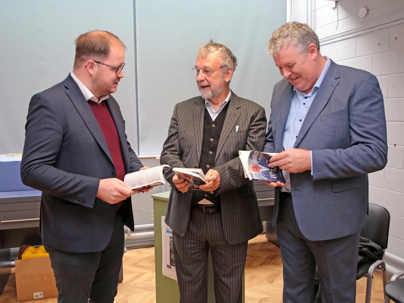 Caption: Longford County Council Cathaoirleach Colm Murray, with novelist and playwright Michael Harding who officially launched Ciaran Mullooly's new book in Longford library Picture: Shelley Corcoran