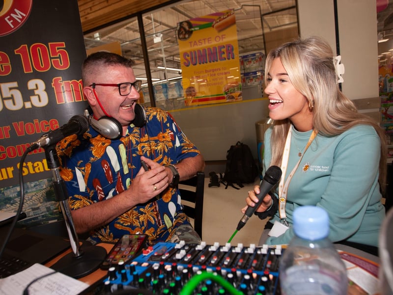 Drive 105's Tony McBride interviewing Molly Watson, Cancer Fund for Children fundraiser during Friday's Annual Charity Event at Lisnagelvin Shopping Centre.