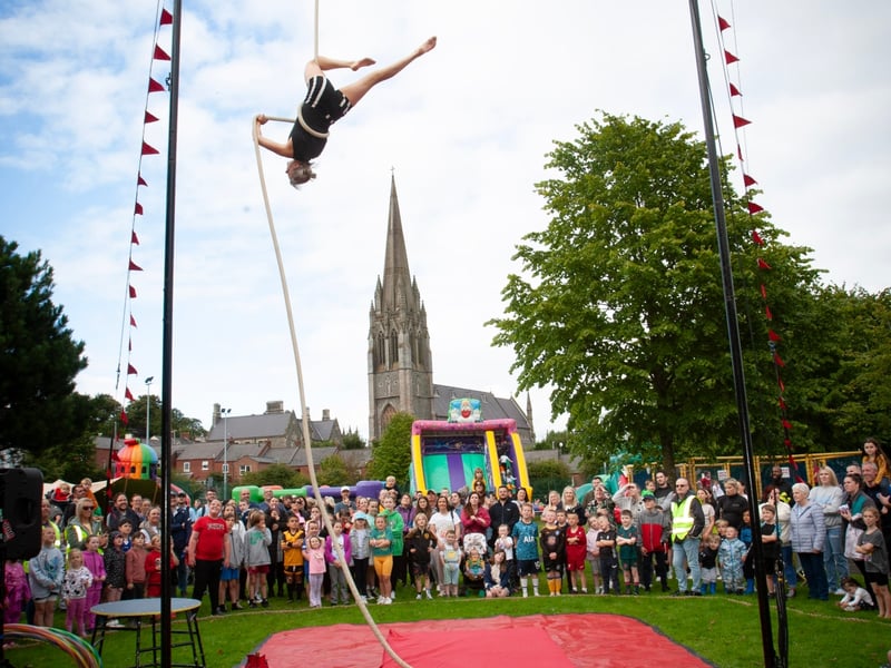 Tina from Tumble Circus performing from a height at Bull Park on Tuesday evening as part of Feile 23 Big Night Out.