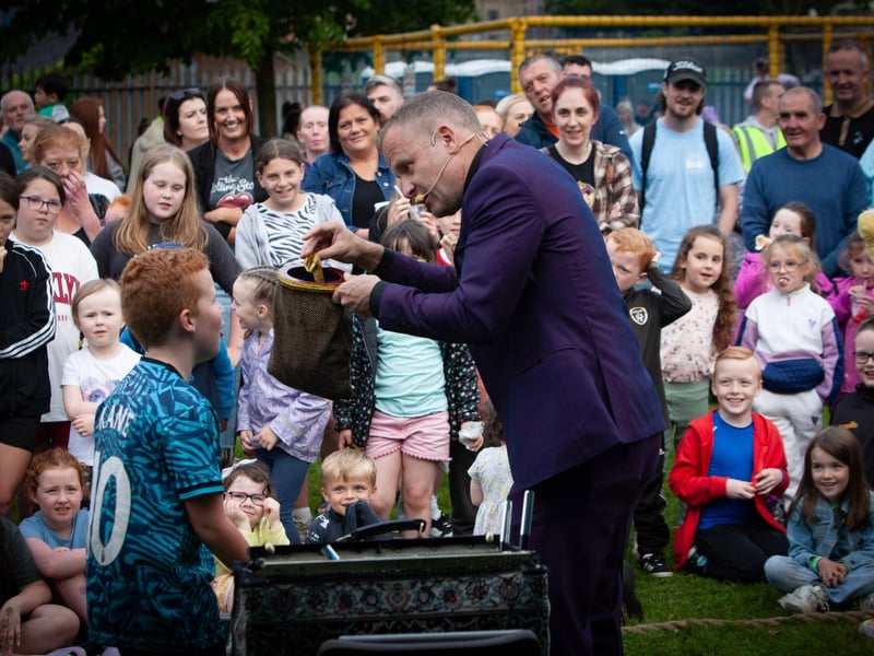 Magician Jack Wise performing one of his tricks at Bull Park during Feile 23 on Tuesday night. (Photos: Jim McCafferty Photography)