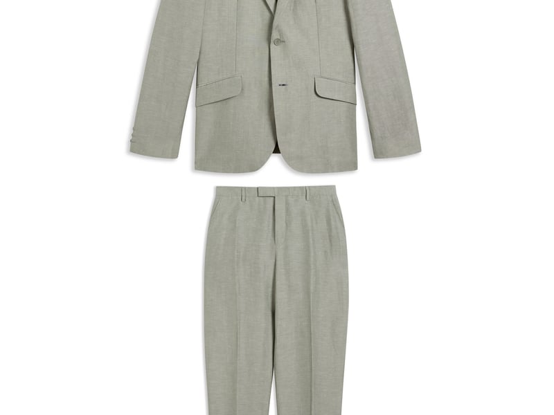 Matalan Taylor & Wright Panama Black Tailored Fit Suit Jacket, £39; Lilac Essential Pull-On Hoodie, £15; Taylor & Wright Panama Black Tailored Fit Suit Trousers, £21; White Stripe Trainers, £17