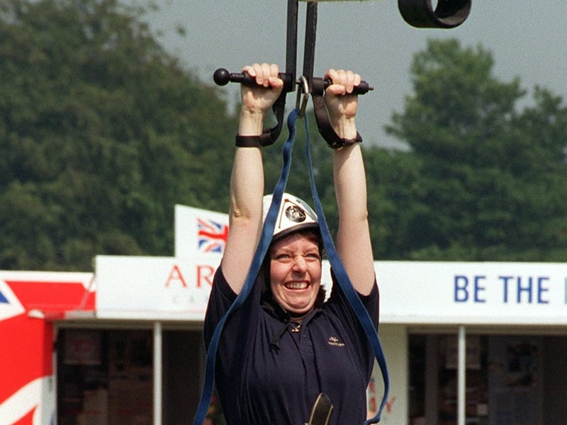Dare you? Jenny Coupland, 18, from Seacroft dared to take a ride down the army's rope slide.