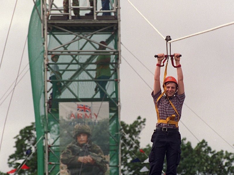 Sixteen-year-old Linton Woodman from Armley enjoys the thrills of the rope slide.
