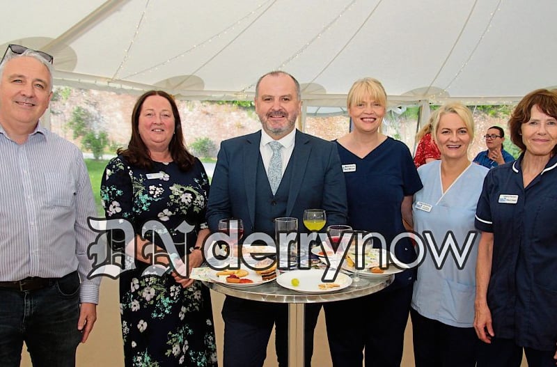 Donal Henderson, CEO Foyle Hospice, pictured with, on left, Paul McIvor and Bernie Michaelides. On right, Catherine O'Hannrahan, Arelene McKinley and Marie Dunlop.