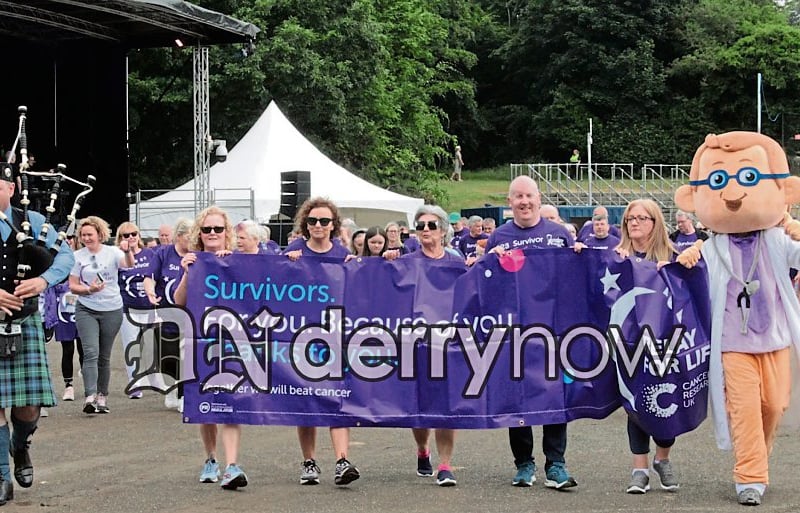 Mayor Patricia Logue leads the Survivors Parade at Legenderry Relay for Life Opening Ceremony at St. Columb's Park Running Track.