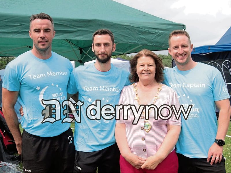 Marty Tope, Ciaran Smith and Calvin Hegarty, members of Pure Gym pictured with Mayor Patricia Logue. (Photos - Deirdre Heaney, nwpresspics)