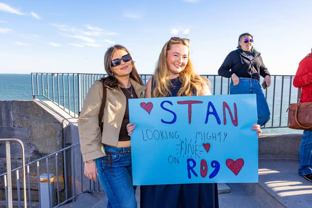 The Royal Navy flagship, HMS Prince of Wales, left Portsmouth on April 24 bound for sea trials. Pictured: Grace Clark, of Lee-on-the-Solent, alongside Emma Beard while they waited to see Leading Hand Stanley Bastable.