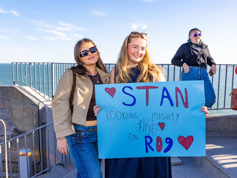 The Royal Navy flagship, HMS Prince of Wales, left Portsmouth on April 24 bound for sea trials. Pictured: Grace Clark, of Lee-on-the-Solent, alongside Emma Beard while they waited to see Leading Hand Stanley Bastable.