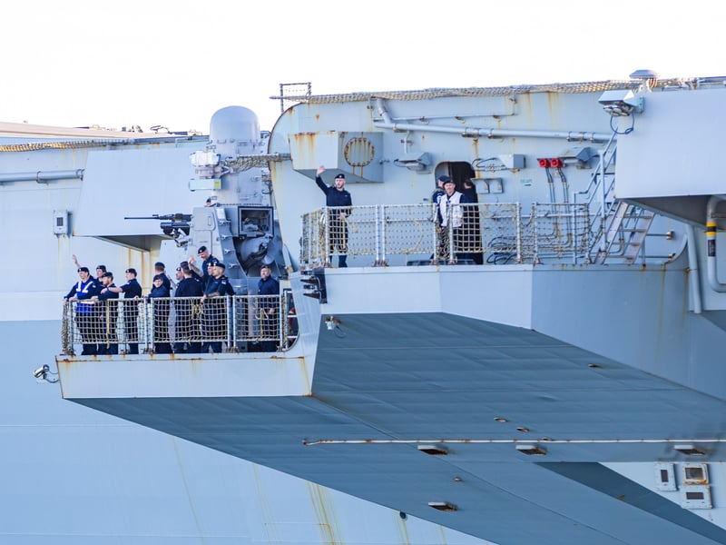 Royal Navy flagship HMS Prince of Wales leaving Portsmouth on April 24, bound for sea trials. She will soon be taking part in Operation Firecrest.