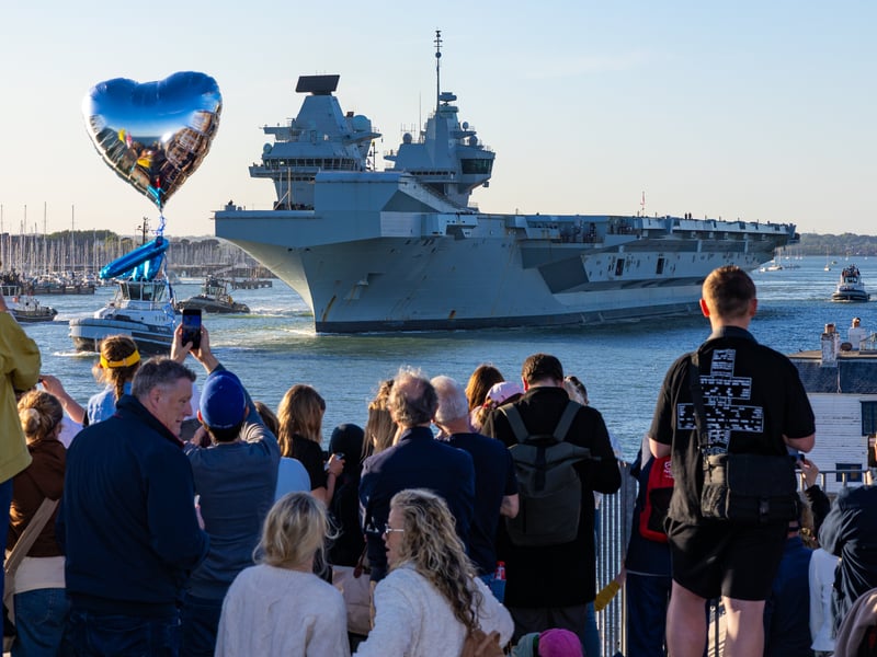 Royal Navy flagship HMS Prince of Wales leaving Portsmouth on April 24, bound for sea trials. She will soon be taking part in Operation Firecrest.