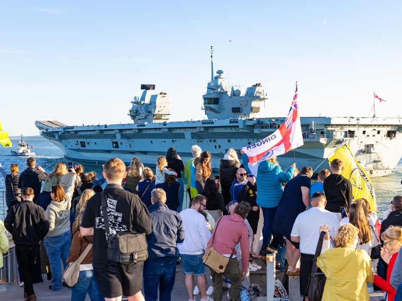 Royal Navy flagship HMS Prince of Wales leaving Portsmouth on April 24, bound for sea trials. She will soon be taking part in Operation Firecrest.