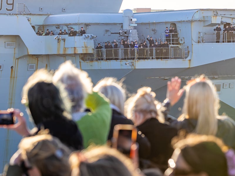 Royal Navy flagship HMS Prince of Wales leaving Portsmouth on April 24, bound for sea trials. She will soon be taking part in Operation Firecrest.