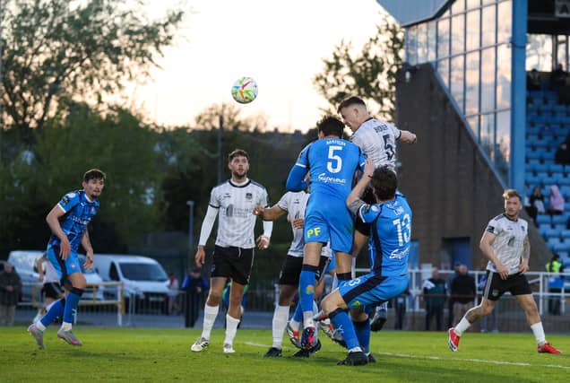 Killian Brouder heads Galway United in front in the 43rd minute of their game with Waterford in the RSC.