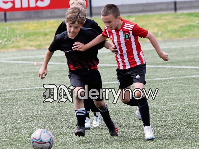 Action from the Ballymoor v. Westport game in the Aaron Doherty Memorial Cup final at the Brandywell.