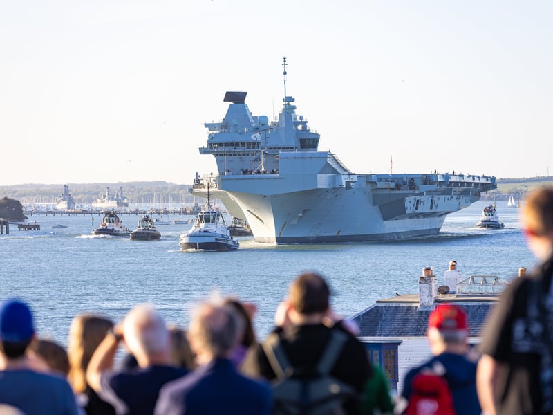 Royal Navy flagship HMS Prince of Wales leaving Portsmouth on April 24, bound for sea trials. She will soon be taking part in Operation Firecrest.