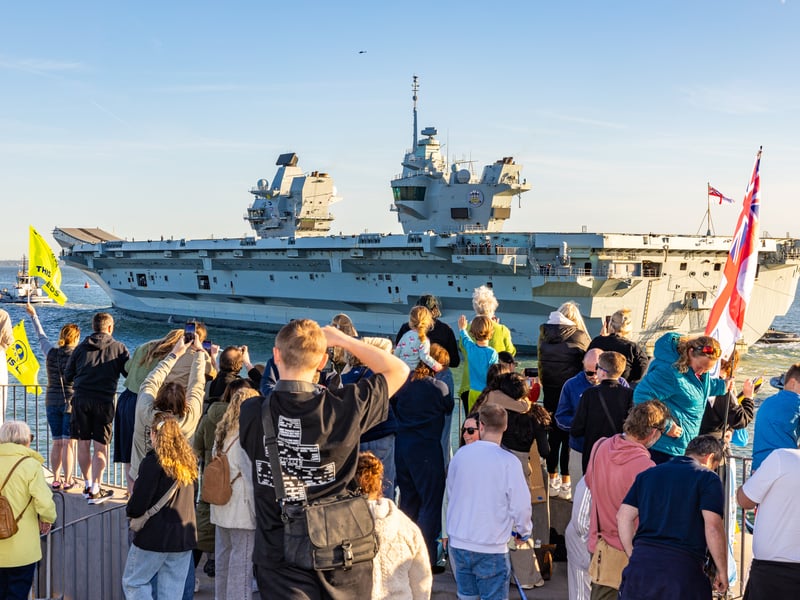 Royal Navy flagship HMS Prince of Wales leaving Portsmouth on April 24, bound for sea trials. She will soon be taking part in Operation Firecrest.