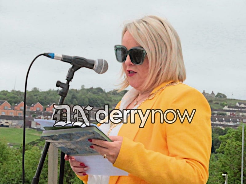 Mayor Sandra Duffy speaking at the rally against cuts to vital frontline and community services following the British government's budget for the North.